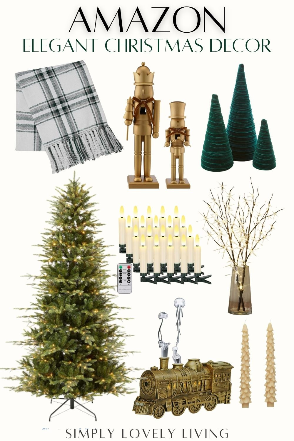 Amazon Elegant Christmas decor finds. Velvet Christmas trees. Floating candle ornaments with remote. Dark green plaid throw blanket. Lit Birch branches. Realistic Christmas tree. Gold Christmas train with "smoke". Train diffuser. Christmas tree taper candles. Golden Nutcracker set. #Christmas #LTKfind

#LTKSeasonal #LTKHoliday #LTKHome