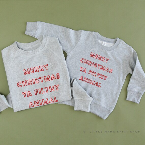 Merry Christmas Ya Filthy Animal | Set of 2 GRAY W/ RED SWEATERS | Christmas Mommy and Me Shirts ... | Etsy (US)