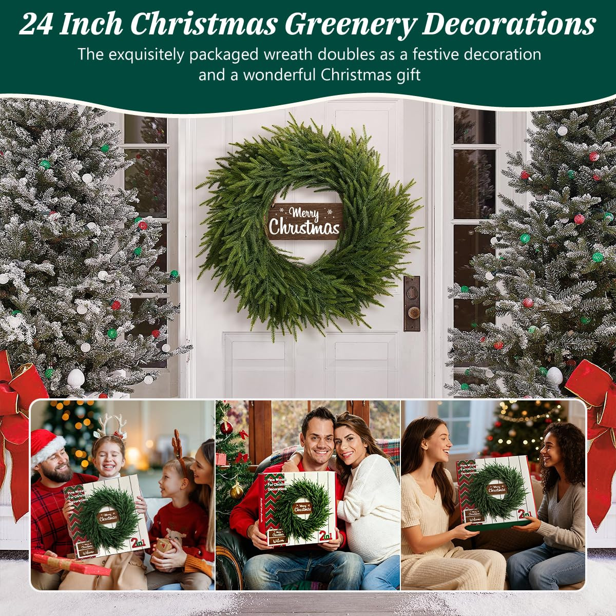 24 Inch Real Touch Christmas Wreath for Front Door: Norfolk Pine Wreath with Welcome Wooden Sign ... | Amazon (US)