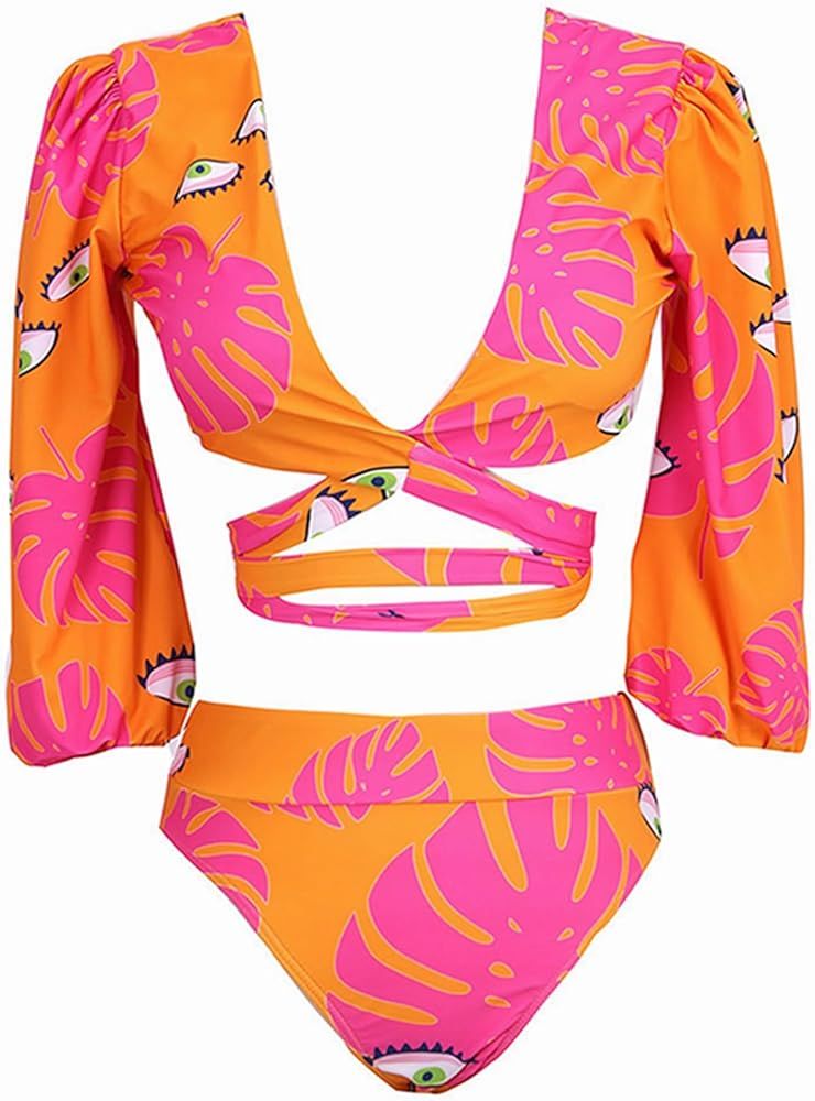 Women's High Waisted Bandeau Bikini Set,Fashion Puff Sleeve Swimwear Set Two Piece Swimsuit Sexy ... | Amazon (US)