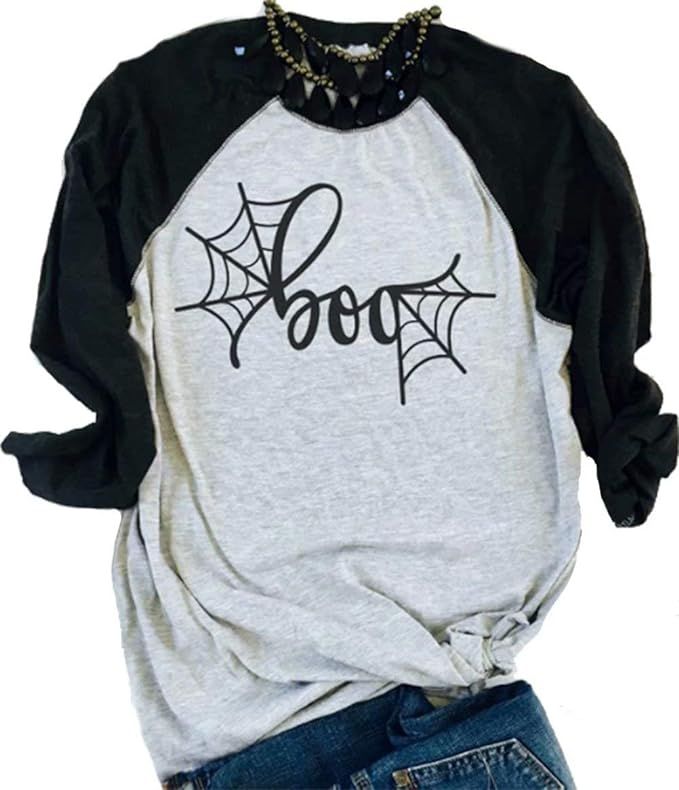 Halloween Spider Web Baseball T-Shirt Women 3/4 Sleeve Funny Costume Tee Splicing Tops | Amazon (US)