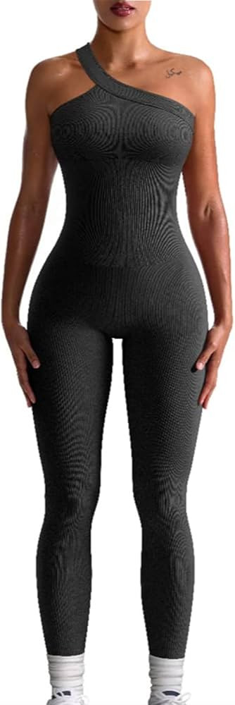 Mokoggiri Women Workout Yoga Ribbed Jumpsuit One Shoulder Sleeveless Fitted Full Romper Solid Col... | Amazon (US)