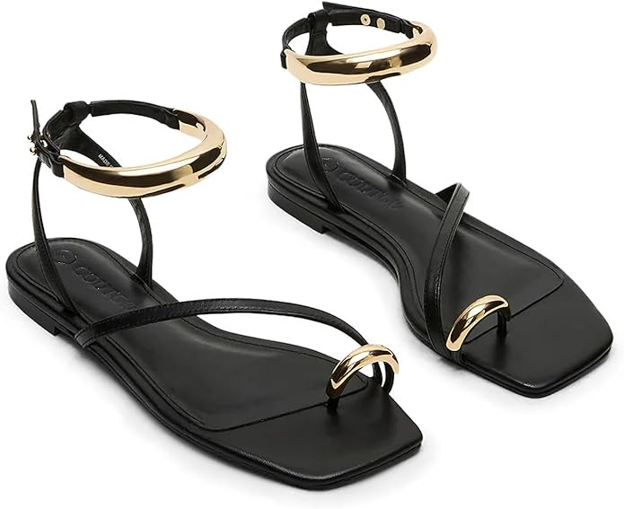 Coutgo Womens Strappy Flat Sandals Flip Flops Open Toe Ring Sandals Metal Ankle Strap Summer Beac... | Amazon (US)