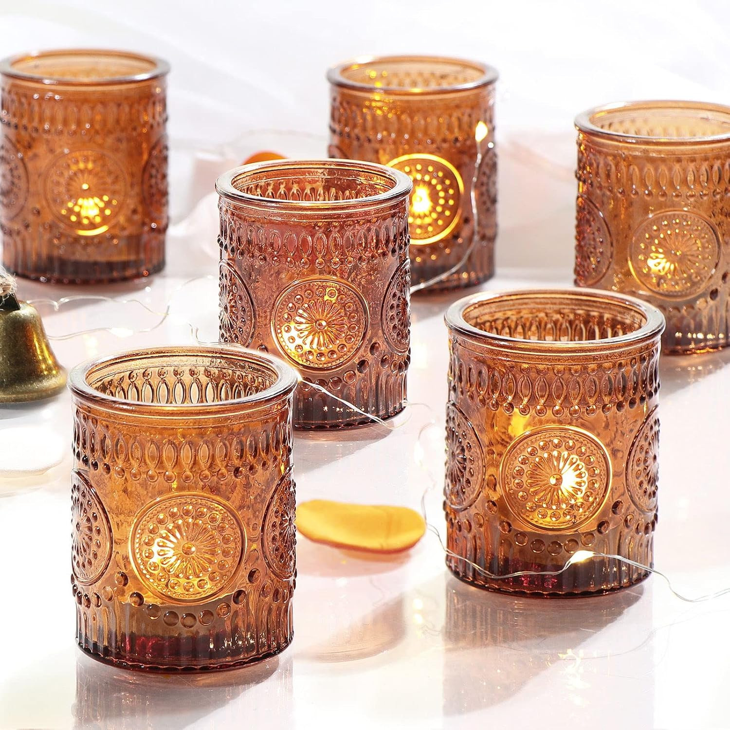 DEVI 24pcs Vintage Amber Votive Candle Holders, Amber Glass Candle Holder for Tea Lights, Boho We... | Amazon (US)