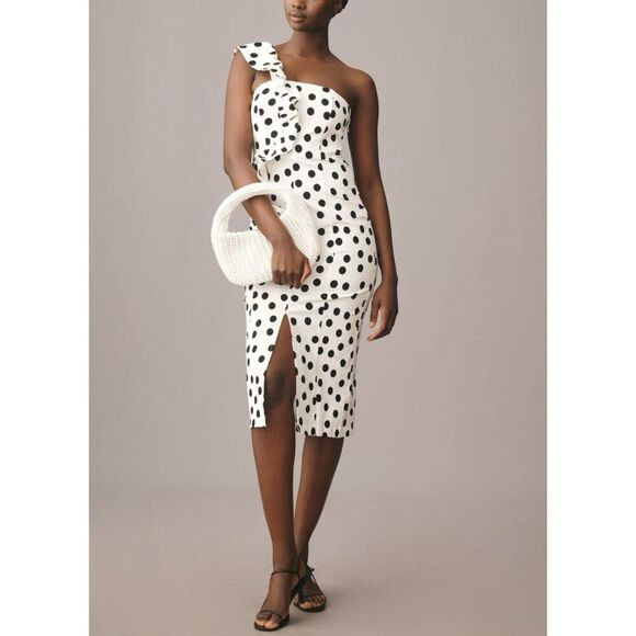 Anthropologie Ruffle One-Shoulder Slim Dress Large White & Black Polka Dots NWOT | Poshmark