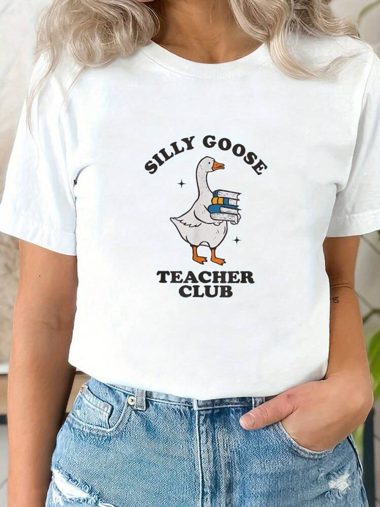 Silly Goose Teacher Club Funny Silly Teacher Woman's Summer Short Sleeve T-Shirt With Front Print - Comfortable, Breathable Fabric, Casual Sporty Style Casual Digital Print 220g Pure Heavy 100% Cotton T Shirt | SHEIN