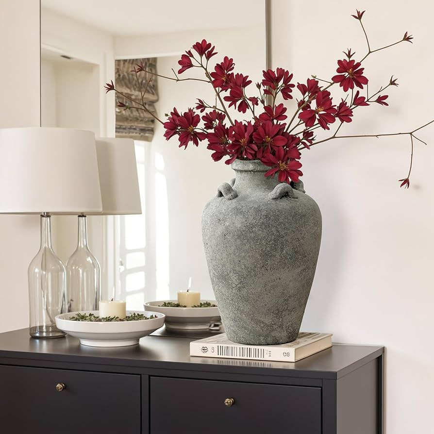 LuxenHome Rustic Ceramic Vase, 15" Tall Antiqued Gray Round Terracotta Urn Vases, Farmhouse Potte... | Amazon (US)