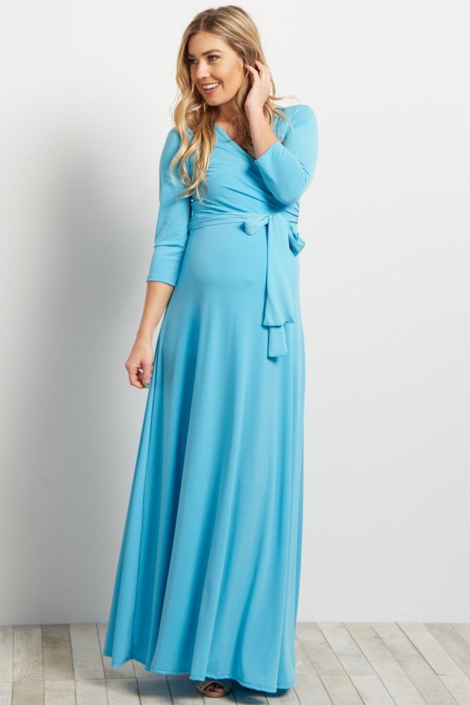 Aqua Draped 3/4 Sleeve Maternity Maxi Dress | PinkBlush Maternity