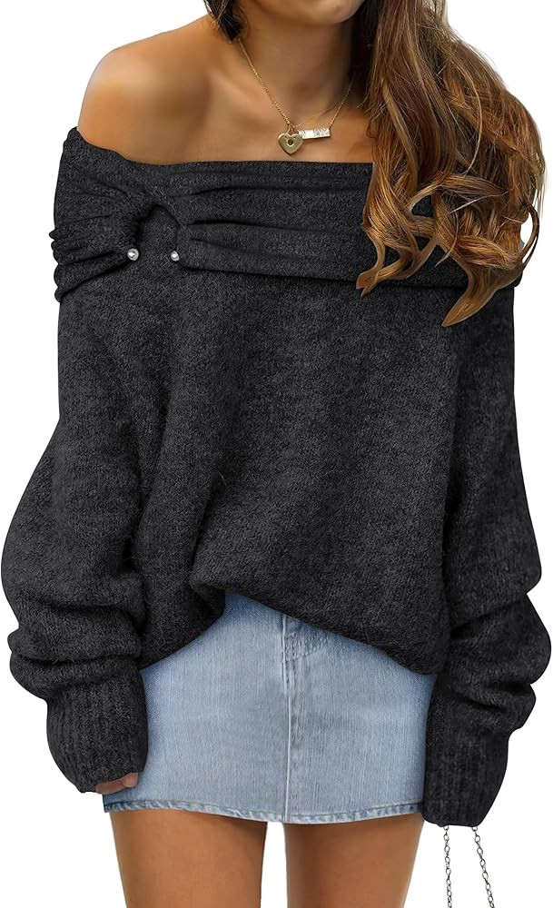 ANRABESS Womens Wool Blend Off The Shoulder Long Sleeve Soft Knit Sweaters 2025 Fall Outfits | Amazon (US)
