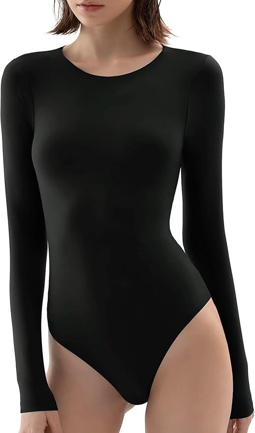 Amazon.com: PUMIEY Women's Crew Neck Long Sleeve Bodysuit Second-skin Feel Tops Sexy Body Suits W... | Amazon (US)