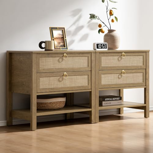 SICOTAS Night Stand Set of 2, Rattan Nightstand with Drawers and Storage Shelf - Boho Bedside Table Narrow Side Table for Bedroom, Small Space | Amazon (US)