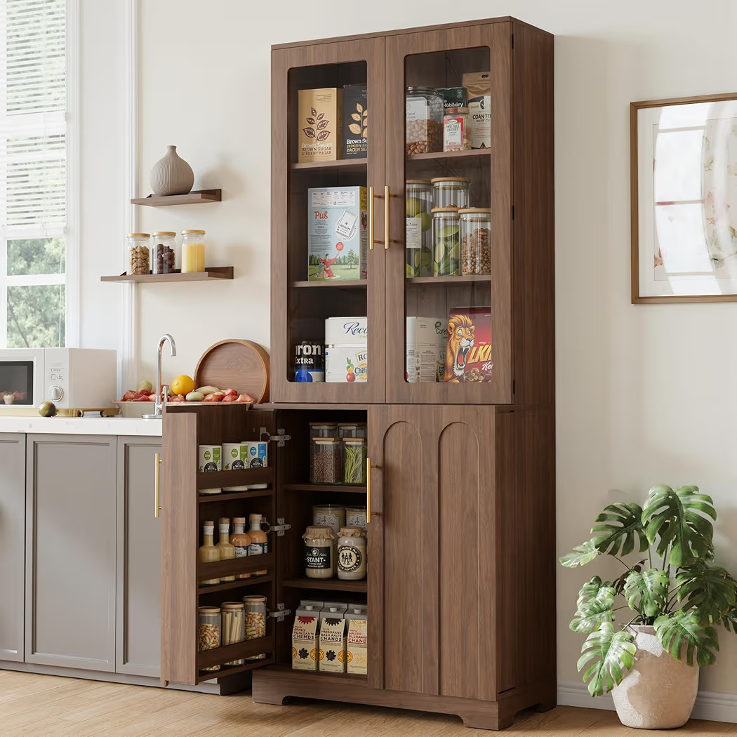 Pantry Cabinet with Glass Doors, 77" Tall Kitchen Storage Cabinets with Arched Doors & Adjustable... | Amazon (US)
