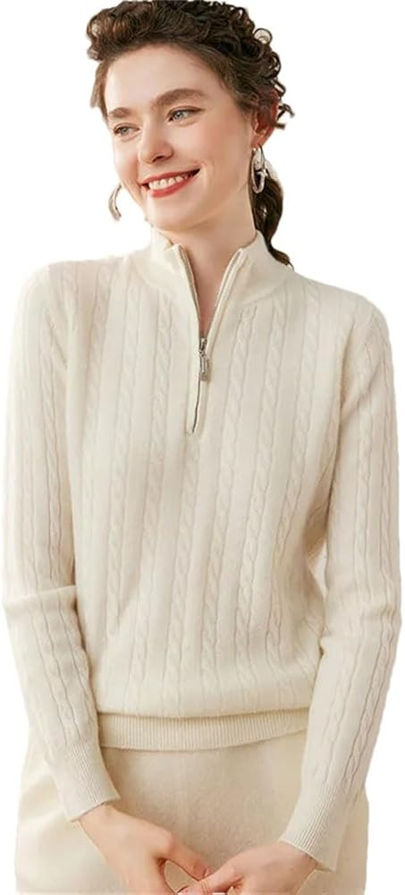 HEYDHSDC Women 100 Percent Cashmere Sweater Half Zip Mock Neck Twisted Flower Knit Long Sleeve Pu... | Amazon (UK)