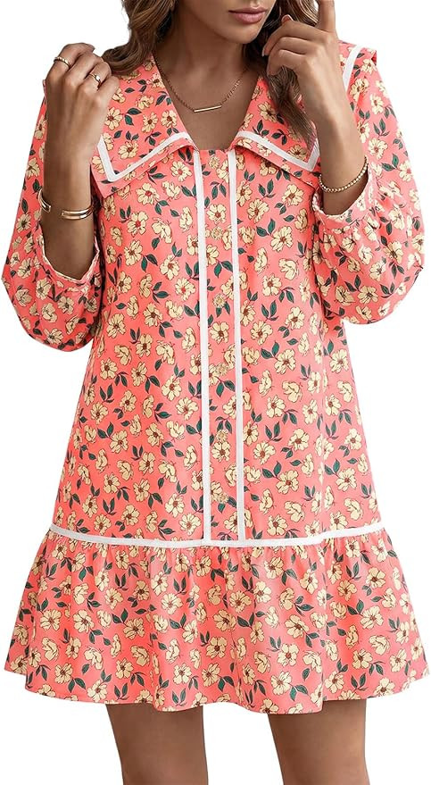 Wenrine Womens Casual Shirt Dresses 3/4 Long Sleeve Floral Button Down Flowy Babydoll Fall Mini D... | Amazon (US)