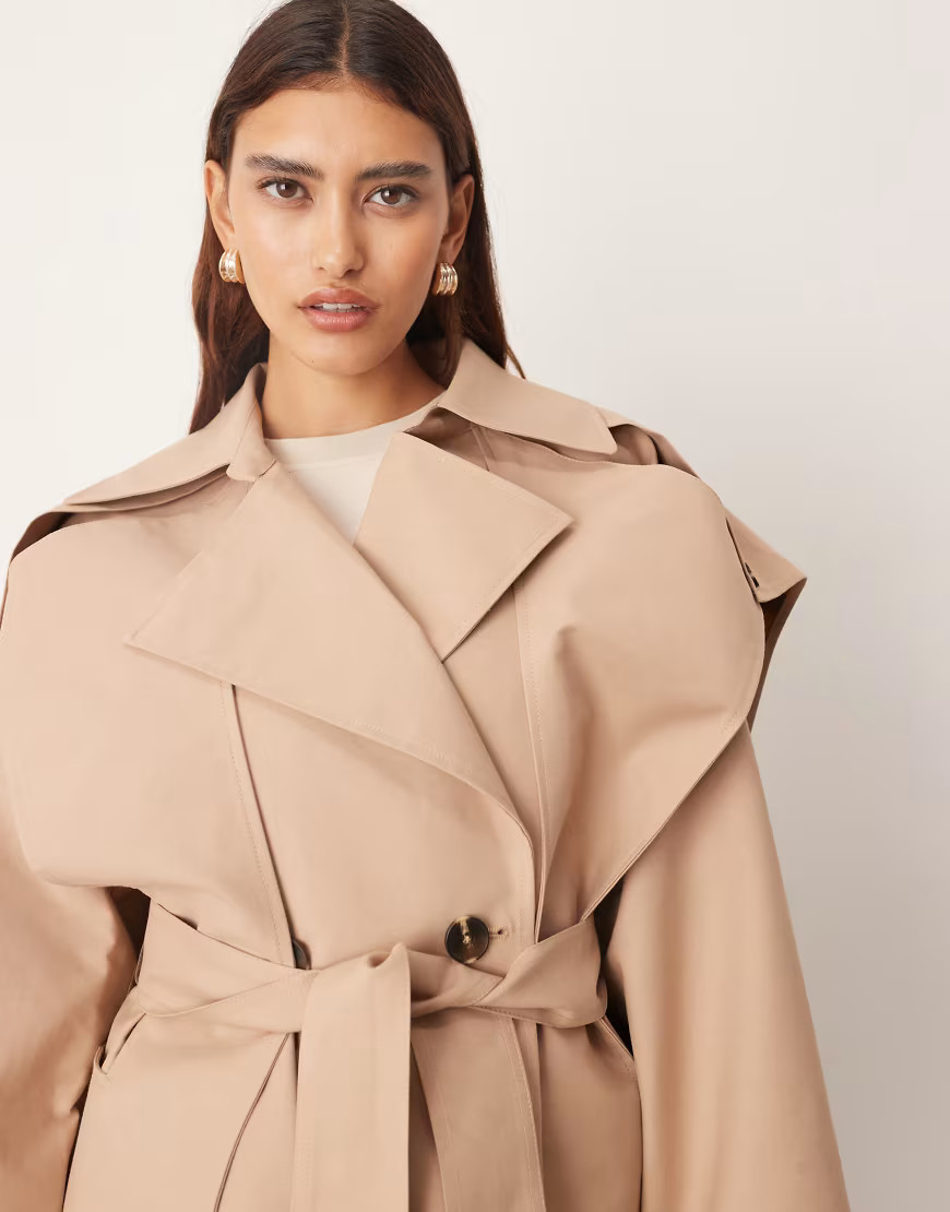 ARRANGE double breasted cropped trench coat with cape detail in tan-Brown | ASOS (Global)