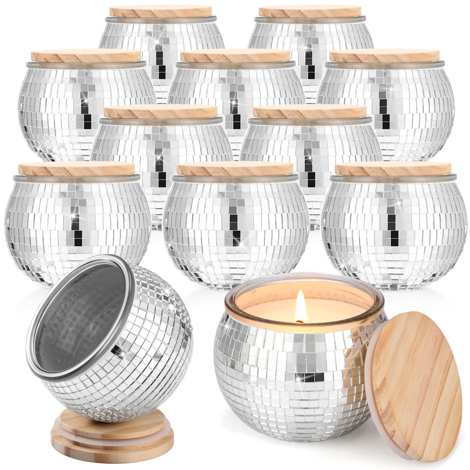 Jinei 12 Pcs Glass Disco Ball Candle Jars 10 oz Empty Jars with Bamboo Lids Thick Glass Mirror Ba... | Amazon (US)