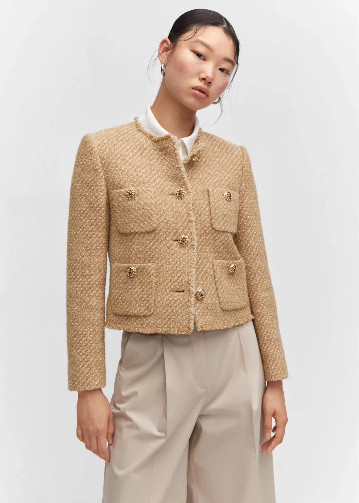 Elegant Women Camel Tweed Jacket 2023 Autumn Long Sleeve Button