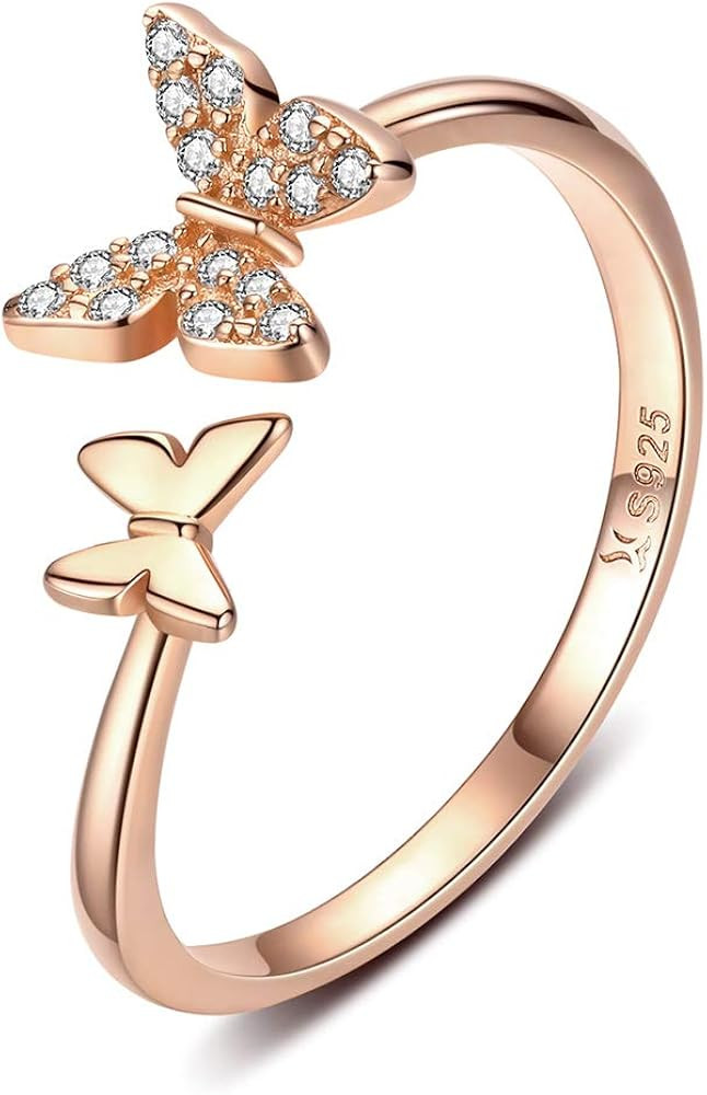 Sterling Silver Cute Butterfly Open Rings for Women Girls Adjustable Birthstone CZ Crystal Dainty... | Amazon (US)