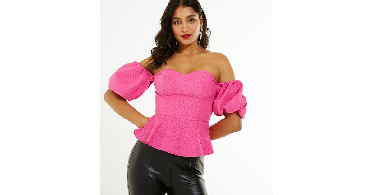 Bright Pink Animal Jacquard Puff Sleeve Bardot Top
						
						Add to Saved Items
						Remove f... | New Look (UK)