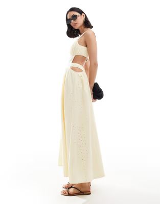 ASOS DESIGN cutwork maxi sundress in all over broderie with ruched bust in honeydew yellow | ASOS (Global)