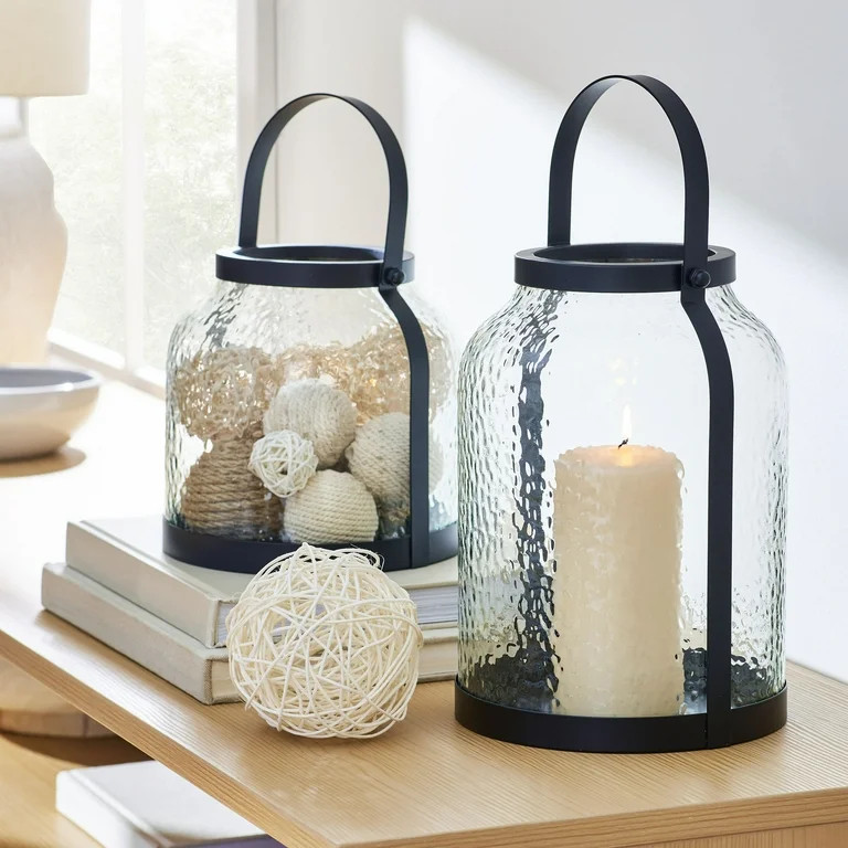 Better Homes & Gardens Black Metal Hammered Glass Candleholder Lantern, 8", Medium | Walmart (US)