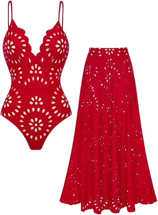 FLAXMAKER Women's One Piece Bathing Suit Petal Hollow V Neck Swimsuit and Skirt | Amazon (UK)