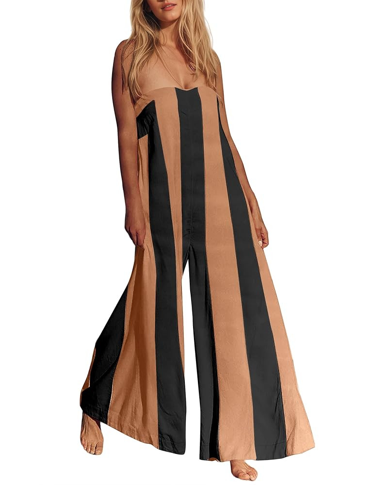 Comfy Wide Leg Jumpsuits For Women Summer Casual Strapless Striped Romper Loose Sleeveless Beach ... | Amazon (US)