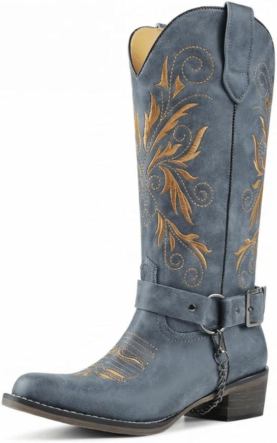 Cowboy Boots Embroidered Mid Calf Removable Belt Low Block Heel Round Toe Western Boots | Amazon (US)