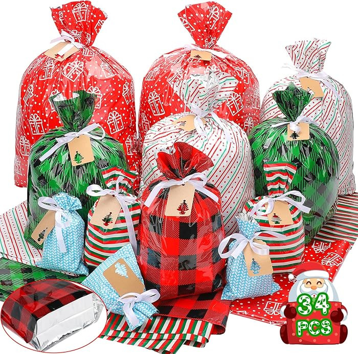 34 Pack Drawstring Christmas Gift Bags Assorted Sizes, Reusable Holiday Wrapping Bags for Present... | Amazon (US)