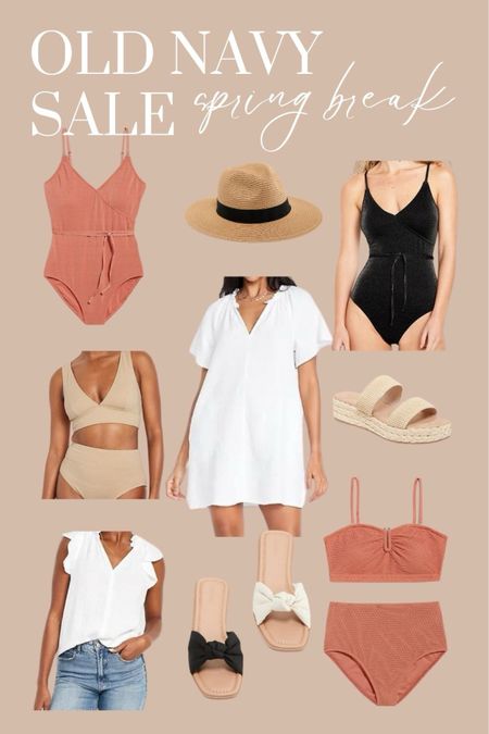 30% off sale at Old Navy! I got  that white crinkle gauze swing dress for our trip to Cabo over Spring Break and it’s so cute! One piece swimsuit, two piece swimsuit, dress, spring tops, sun hat, sandals. 

#LTKswim #LTKsalealert #LTKtravel