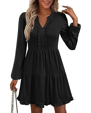 ANRABESS Womens Long Sleeve Dress 2025 Fall Casual V Neck Tiered Flowy Swing Short Mini Dresses B... | Amazon (US)