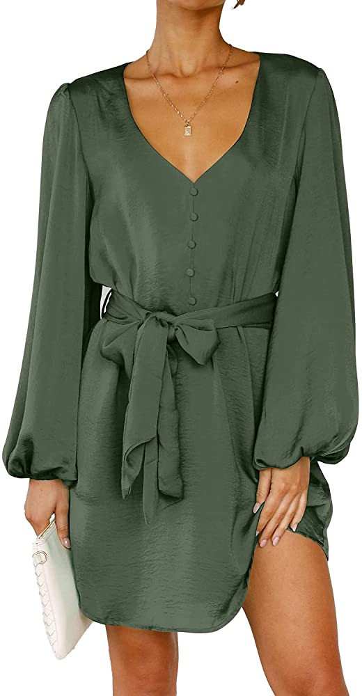 PRETTYGARDEN Women's Spring Long Puff Sleeve Satin Dress V Neck Cocktail Party Belted Short Forma... | Amazon (US)