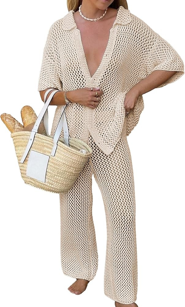 Famulily Womens Sexy Hollow Out Swimsuit Cover Up Sets Button Up Tops and Drawstring Pants 2 Piec... | Amazon (US)