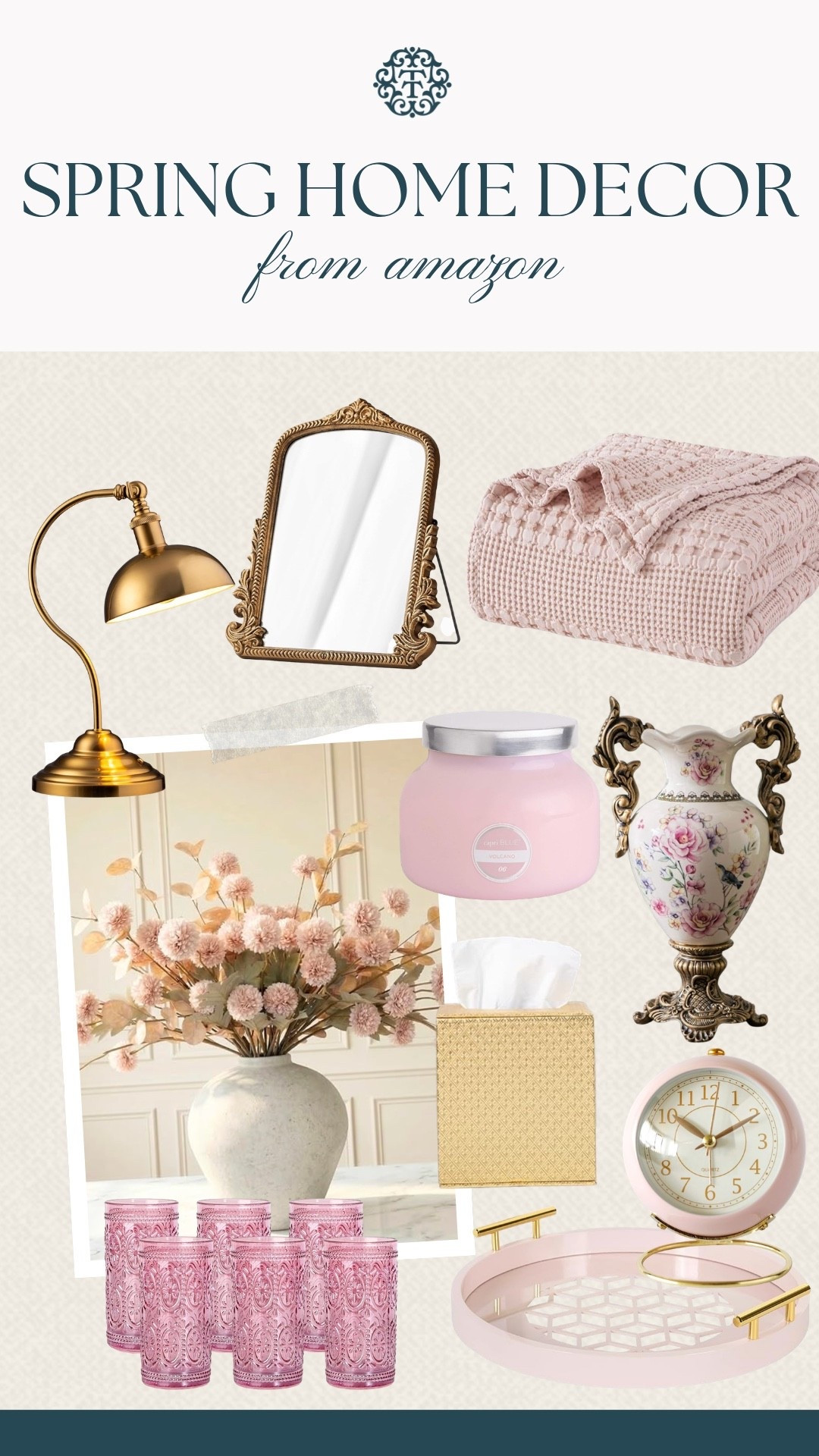 Spring home pieces that will help elevate your home! The glassware and florals add color, while the mirror and lamp keep it balanced! Everything is from Amazon, which makes it easy to elevate a space!

#LTKSeasonal #LTKHome #LTKOver40