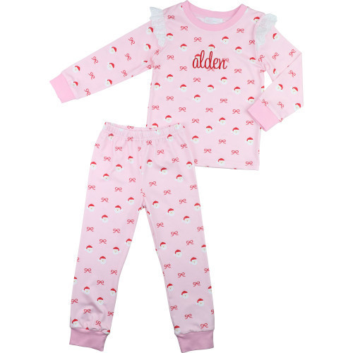 Pink Santa And Bow Print Knit Pajamas - Shipping Early December | Cecil and Lou