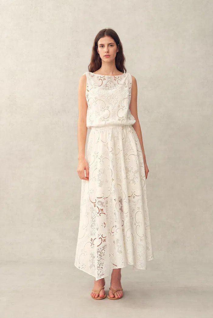 Nellie Cutwork Embroidered Scarf Tie Layered Sleeveless Dress in 100% | Fabrique