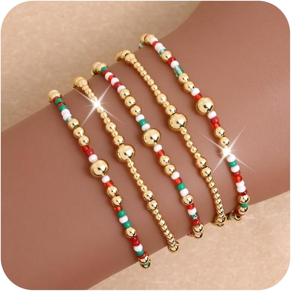 Gold Colorful Small Beaded Stack Bracelet Set for Women, Boho Golden Beads Stackable Stretch Brac... | Amazon (US)