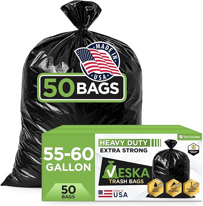 Veska 55 Gallon Trash Bags Heavy Duty, (Value-Pack 50 Count w/Ties) 55-60 Gallon Trash Bags Large... | Amazon (US)