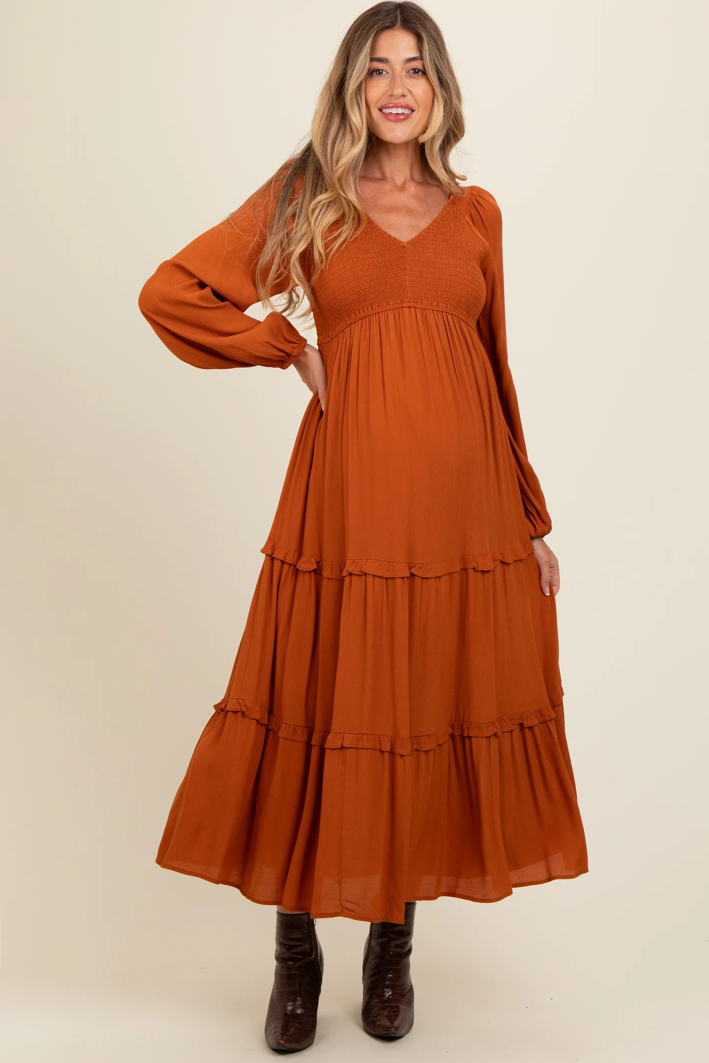 Camel Smocked Tiered Maternity Midi Dress | PinkBlush Maternity