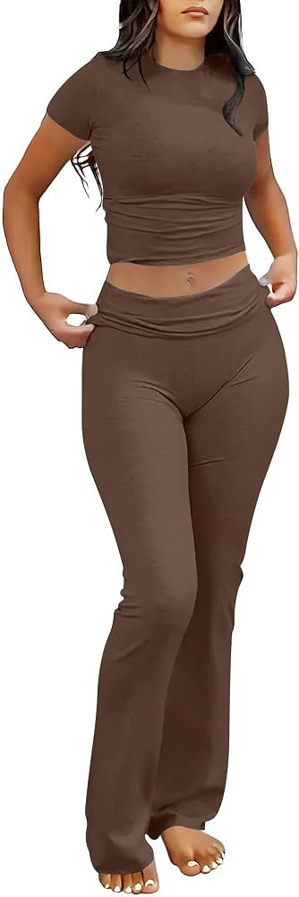 Darong Women's 2 Piece Lounge Set Fold-Over Flare Pants Short Sleeve Cropped Top Set Casual Outfi... | Amazon (US)