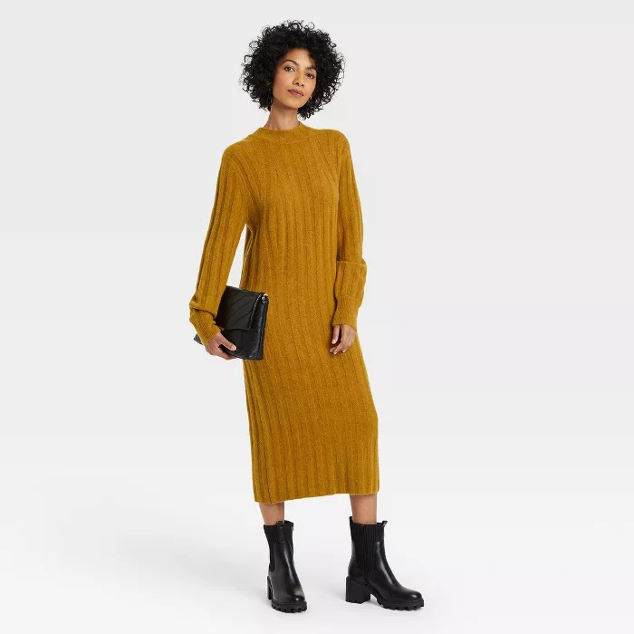 Women's Long Sleeve Rib-Knit Sweater Dress - A New Day™ Olive S | Target