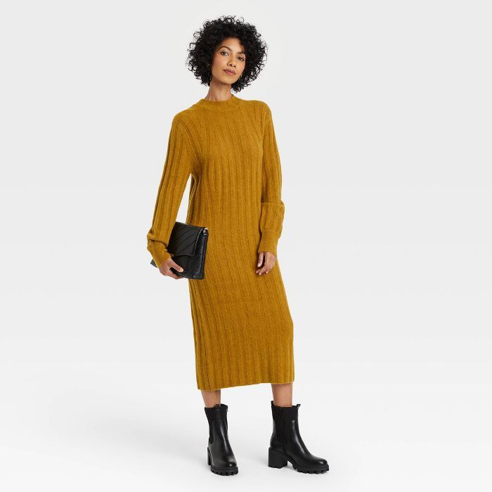 Women&#39;s Long Sleeve Rib-Knit Sweater Dress - A New Day&#8482; Olive S | Target