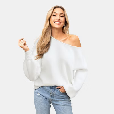 Women's Festive Christmas Tree Off-Shoulder Fuzzy Knit Sweater -Cupshe-S-White | Target