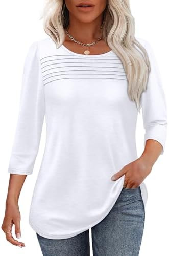 OFEEFAN Womens Tops 3/4 Length Sleeve Blouses Dressy Casual Spring Summer Fall Outfits Pleated Fr... | Amazon (US)