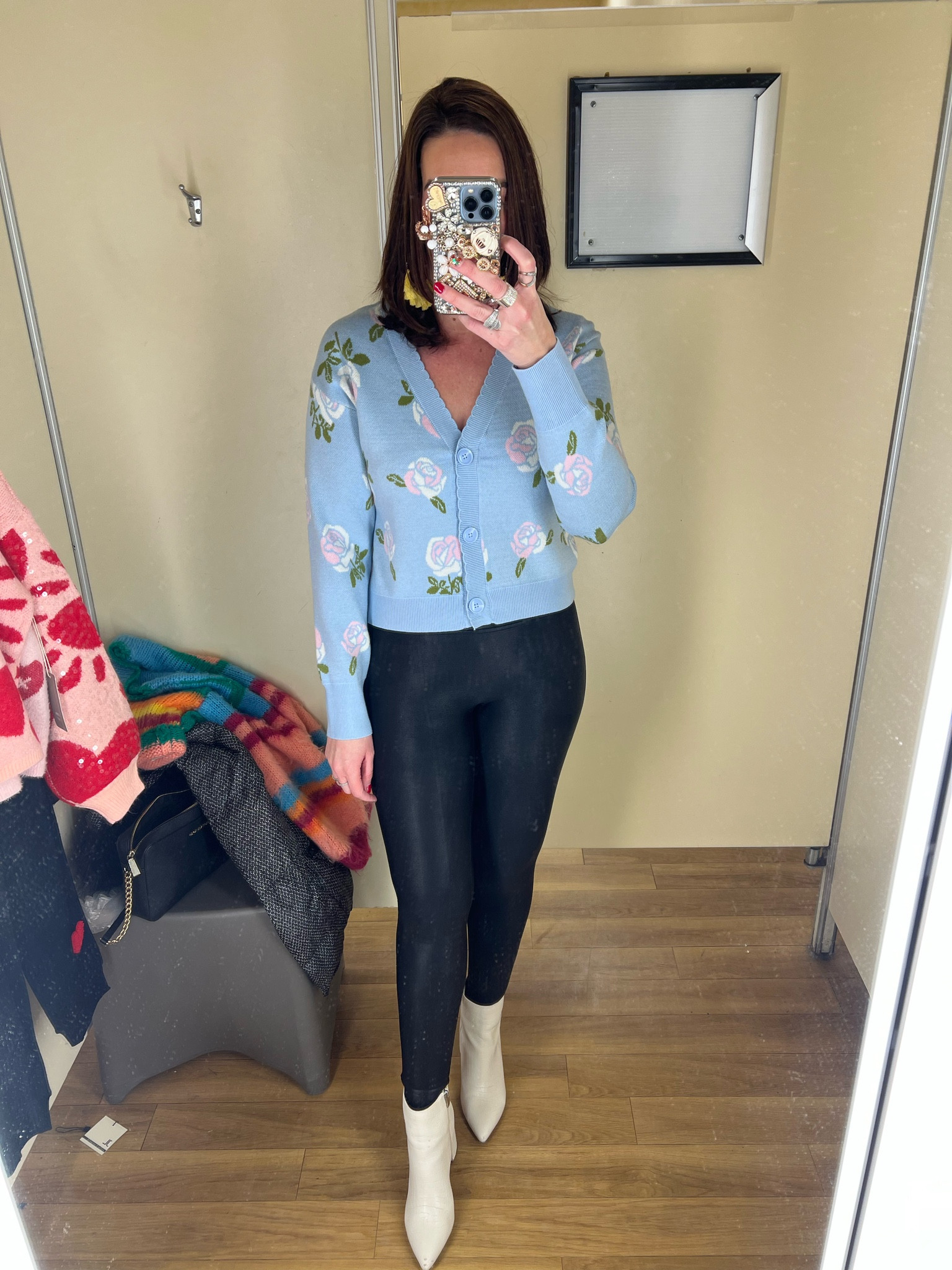 Blue floral cardigan (small). Black faux leather leggings (small). White boots (8.5). #bluecardigan #cardigan #bluefloralcardigan #blackleggings #leggings #fauxleatherleggings #whiteboots #boots #winteroutfits #casualoutfit 
Winter Outfits 

#LTKFindsUnder100 #LTKStyleTip #LTKSeasonal