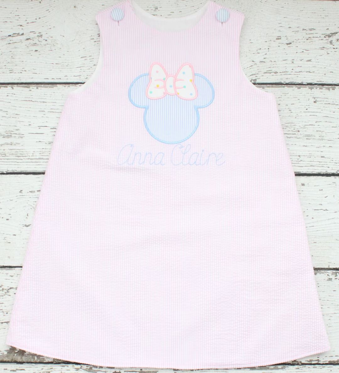 Monogrammed Minnie Mouse Dress, Pink Seersucker Disney Aline Dress, Monogrammed Disney Pastel Dre... | Etsy (US)
