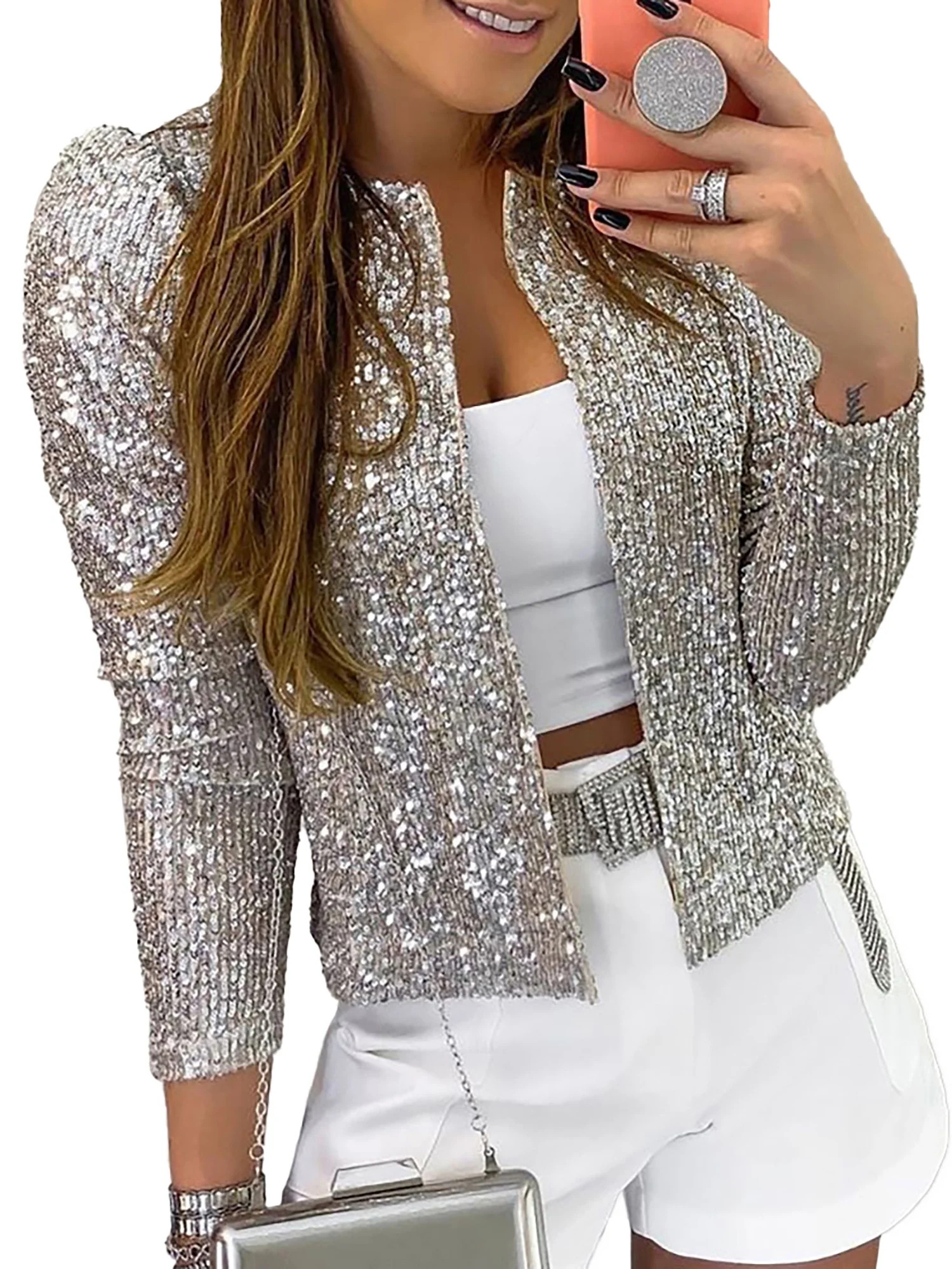 DYMADE Womens Sequins Open Front Jacket Coat Long Sleeve Crop Suit Blazer - Walmart.com | Walmart (US)