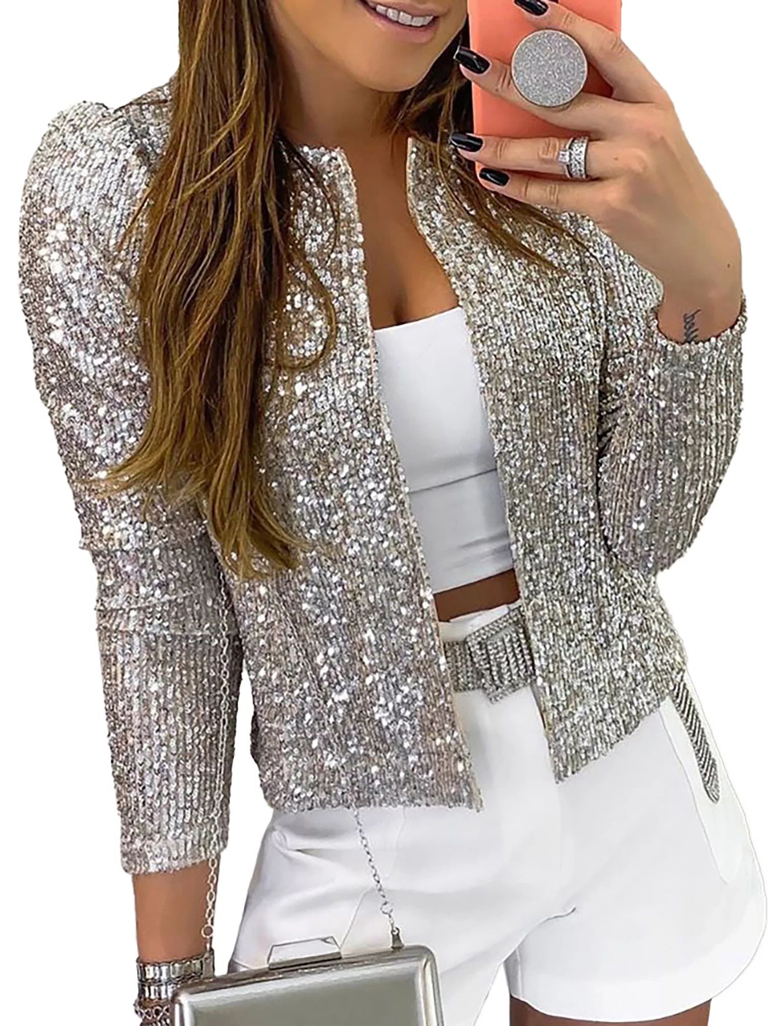 DYMADE Womens Sequins Open Front Jacket Coat Long Sleeve Crop Suit Blazer - Walmart.com | Walmart (US)