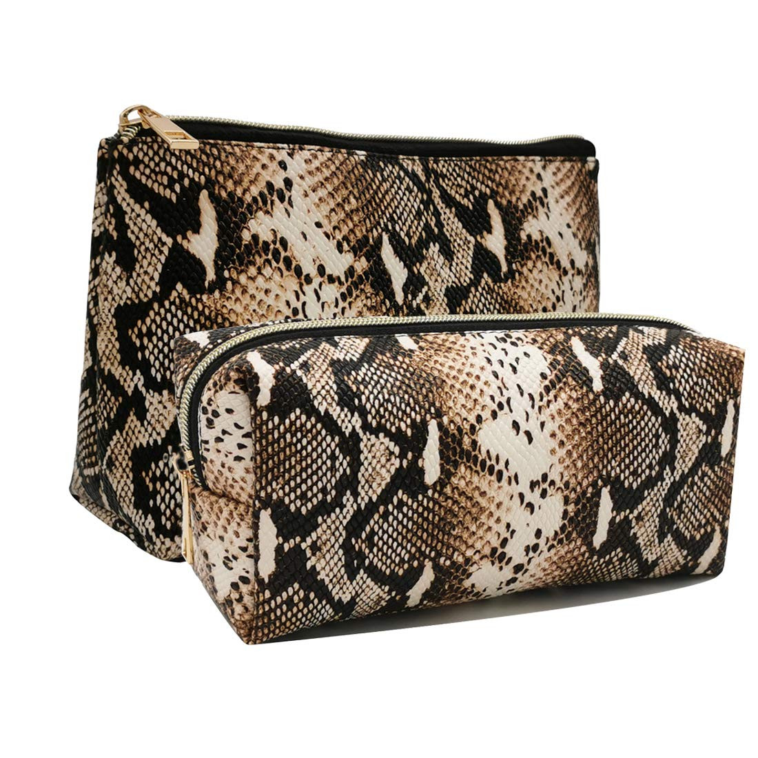 FITINI 2 Pack Makeup Bag Organizer Set Portable Large Cosmetic Pouch Travel Brush Holder PU Handbag with Gold Zipper Storage Case for Women Purse,Snake Skin | Amazon (US)