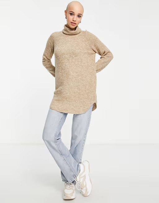 Pieces longline roll neck sweater in dark camel | ASOS (Global)